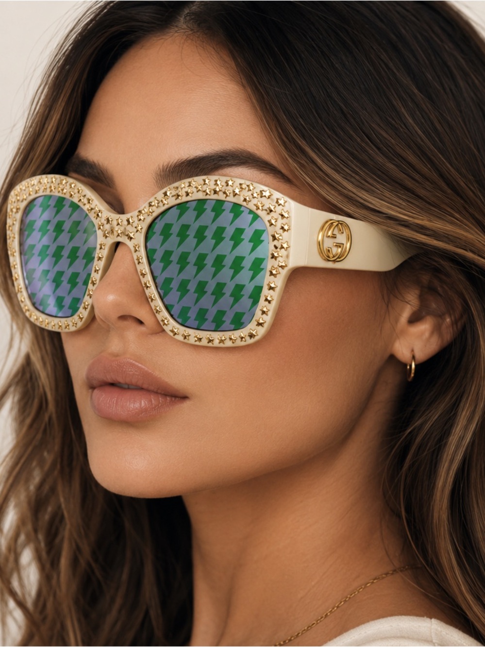 Gucci Oversized Star Sunglasses ⭐️ Ivory Frame, Blue-Green⚡️Reflective Lens